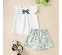 Set di top canottiera con fiocco bicolore e pantaloncini floreali in stile francese campagnolo per ragazze giovani, carino e casual, adatto per la primavera/estate 6Y,7Y,4Y,5YPiante,Motivo strutturato