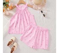 Set di top con allacciatura al collo a righe rosa e bianche per ragazze adolescenti, con rosa chiaro come colore di base, abbinato a una delicata stampa di piccoli fiocchi, fresco e dolce. Il design c
