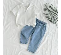 Set di top con maniche corte semplice e pantaloni di jeans lavati di moda, adatto per bambino maschio, versatile per uso quotidiano, campeggio in famiglia, pranzo o shopping 6-9M,9-12M,12-18M,18-24M,2