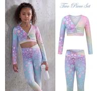 Set di top corto a maniche lunghe e leggings per ragazze giovani, sfumatura arcobaleno pastello, stampa a stelle su tutta la superficie, top corto con scollo a V e davanti intrecciato, tinta unita, in