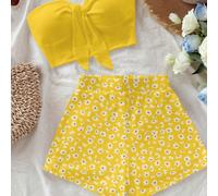 Set di top corto bustier con laccio davanti e mini shorts attillati casual, adatto per l'estate, le vacanze, motivo floreale ditsy, adatto per il tè del pomeriggio L,M,S,XSColore unico,PianteTessuto i