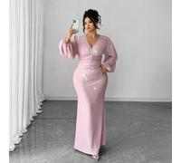 Set di top corto e gonna attillata color champagne rosa, outfit da festa romantico e alla moda, serie perle, elegante e sofisticato, due pezzi con vita scolpita, top a maniche a lanterna e gonna a sir