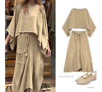 Set di top e gonna con coulisse in stile bohémien da donna, colore unito, casual ma elegante, versatile nella moda, perfetto per il tempo libero estivo L,M,S,XLColore unicoTessuto intrecciato