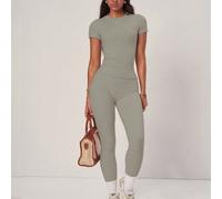 Set di top e pantaloni basic color cachi, vita alta e vestibilità morbida, essenziale per l'estate casual e il fitness L,M,S,XLColore unicoTessuto in maglia