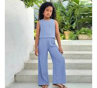Set di top senza maniche a girocollo e pantaloni a gamba dritta di colore solido per ragazze tra la pre-adolescenza e l'adolescenza, adatto per le vacanze e il casual 8Y,9Y,10Y,11Y,12YColore unicoTess
