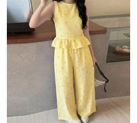 Set di top senza maniche a righe blu e bianche con bottoni in legno e pantaloni a gamba dritta, outfit casual adatto per vacanze primaverili/estive, feste, elegante, ritorno a scuola, carino, picnic a
