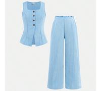 Set di top senza maniche con scollo quadrato e bottoni davanti a righe & pantaloni lunghi a gamba dritta, stile casual elegante per il pendolarismo e la moda di strada per ragazze pre-adolescenti 8Y,9