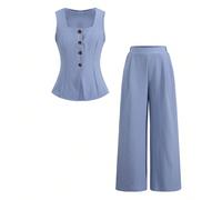 Set di top senza maniche con scollo quadrato e bottoni frontali a righe & pantaloni a gamba dritta, stile casual elegante per il pendolarismo e la moda di strada per ragazze pre-adolescenti 8Y,9Y,10Y,