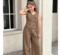 Set di top smanicato con patta obliqua e bottoni e pantaloni a gamba dritta in colore kaki, elegante e casual, adatto per la scuola e l'uso quotidiano, per ragazze pre-adolescenti 8Y,9Y,10Y,11Y,12YA s