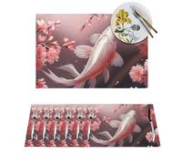 Set di tovagliette con stampa di carpa rossa con fiori di ciliegio, in PVC, resistenti al calore, antiscivolo, lavabili, per cene, feste di nozze, festival, 30,5 x 45,7 cm
