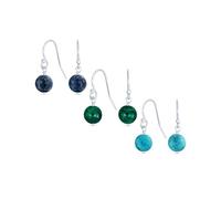 Set di tre orecchini con perle sferiche di lapislazzuli blu, turchese verde malachite con gancio a filo francese per donne adolescenti in argento sterling .925