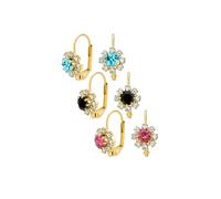 Set di tre orecchini pendenti a leva in ottone placcato oro 18K con fiori di cristallo blu teal, viola, lavanda, nero e bianco per donne.