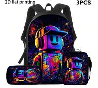 Set di tre pezzi con zaino stampato con graffiti al neon, composto da uno zaino di grande capacità, un astuccio e una piccola borsa quadrata, con un design accattivante in stile te Materiale: Polieste