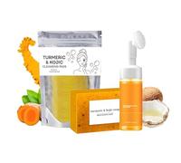 Set di tre pezzi per il lavaggio e la cura della curcuma, detergente per il viso e sapone alla curcuma e cuscinetti per lo scrub del viso alla curcuma, per una pulizia profonda della pelle.