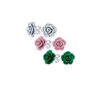 Set di tre romantici delicati orecchini a forma di fiore intagliati in 3D verde scuro, viola, malva e argento per donne, adolescenti e per la mamma, placcati in argento.