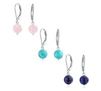 Set Di Tre Semplici Orecchini A Goccia Con Perle Rotonde Di Turchese Rosa Stabilizzate Con Chiusura A Leva Per Donne Argento Sterling .925, Pietra Del Mese Di Dicembre