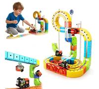 Set di treni elettrici Pista da corsa flessibile con rotaie cubiche e segnaletica, set di vagoni magnetici, layout 3D incorporati che sfidano la gravità e vagone motorizzato, costruzione STEM 105PCS