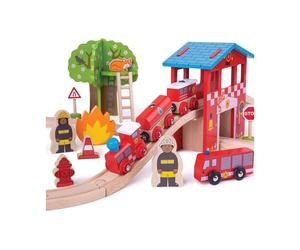 Set di Treno in Legno - Caserma dei Pompieri e Salvataggio - Nouvo