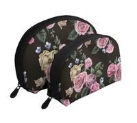 Set di trousse da viaggio con margherite bianche e blu, organizer da viaggio con cerniera e scomparti interni, Black Blackgound Rose, Taglia unica