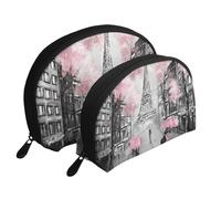 Set di trousse da viaggio con margherite bianche e blu, organizer da viaggio con cerniera e scomparti interni, Paris Street Tower Rosa Floreale, Taglia unica