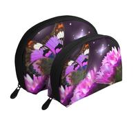 Set di trousse da viaggio con motivo di pietre da spiaggia, organizer da viaggio con cerniera e scomparti interni, Farfalla fiore viola 1, Taglia unica
