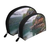 Set di trousse da viaggio con motivo floreale primaverile giapponese, con cerniera e scomparti interni, Vista sulla casa sul lago, Taglia unica