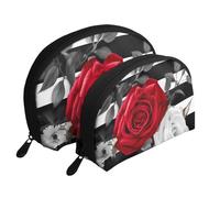 Set di trousse da viaggio per cosmetici, con chiusura lampo e scomparti interni, Nero Bianco Strisce Fiori Rosa Rosso, Taglia unica