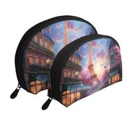 Set di trousse per cosmetici con inchiostro nero dorato effetto marmo - organizer da viaggio con cerniera e scomparti interni, Parigi Street Scene Torre Eiffel, Taglia unica