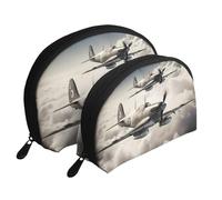 Set di trousse per cosmetici con inchiostro nero dorato effetto marmo - organizer da viaggio con cerniera e scomparti interni, Aereo aereo della seconda guerra mondiale, Taglia unica