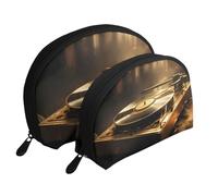 Set di trousse per cosmetici con inchiostro nero dorato effetto marmo - organizer da viaggio con cerniera e scomparti interni, Dischi in vinile, Taglia unica