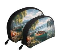 Set di trousse portatile con microfono e note musicali, organizer da viaggio con cerniera e scomparti interni, Lago Con Barche Canoe Parco, Taglia unica