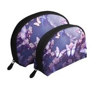 Set di trousse portatile con motivo floreale di ciliegio, organizer da viaggio con cerniera e scomparti interni, Farfalle viola., Taglia unica
