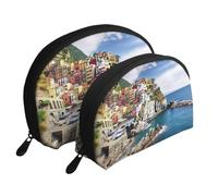 Set di trousse portatile con motivo floreale di ciliegio, organizer da viaggio con cerniera e scomparti interni, Cinque Terre Paesaggio, Taglia unica