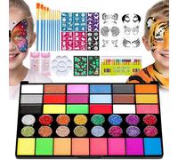 Set di trucchi per bambini, 42 colori, body painting colori per trucco teatrale, con 10 pennelli e 51 tatuaggi, 6 stencil riutilizzabili per dipingere il viso, 16 matite per il viso