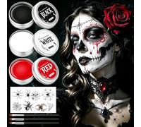 Set di trucco per Halloween, nero, bianco, rosso, ad alta copertura, a base d'acqua, con 3 pennelli e adesivi a ragno, per vampiri, zombie, joker, SFX e trucco teatrale