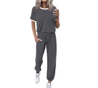 Set di tuta estiva da donna 2 abiti 2024 top a maniche corte pantaloni lunghi jogger set pagliaccetti per le donne, Grigio, L