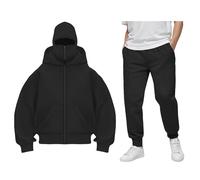 Set di tute da uomo a maniche lunghe, passamontagna con cappuccio e pantaloni della tuta, set da 2 pezzi, con cerniera e doppia felpa con cappuccio e pantaloni da jogging, tinta unita, maschera con