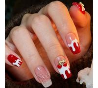 Set di unghie adesive per unghie, in ABS, per manicure e nail art, per donne, per feste e feste, colore: rosso e bianco lucido