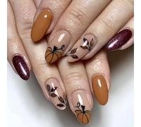 Set di unghie del Ringraziamento con 24 mandorle artificiali e unghie di zucca con disegni a foglie, Halloween, nail art per le donne