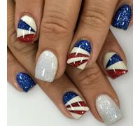Set di unghie finte con glitter per il giorno dell'indipendenza, 24 pezzi, corte, quadrate, da spingere, decorazioni per manicure, adesivi artificiali, festa pronta