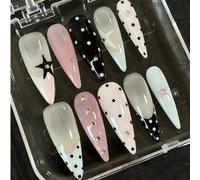 Set di unghie finte da ragazza alla moda e semplice, 10 pezzi, con tacchi alti sottili, dipinte a mano con sfumature colorate, stelle a cinque punte, pois e piccoli diamanti, per una manicure lucida e