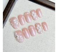 Set di unghie finte fai-da-te da 10 pezzi, con giglio in 3D lavorato a mano, con superficie sfumata rosa e decorazioni asimmetriche a goccia d'acqua. Dopo l'applicazione, rende le mani più chiare, ele