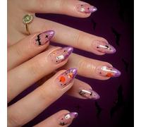 Set di unghie finte per Halloween, con 24 unghie in polvere con glitter rosa, con design fantasma, in ABS, da spingere, per donne