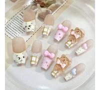 Set di unghie finte per il giorno di San Valentino, 10 unghie a forma di bara lunghe, tema carino a tema con orsetto marrone, fiocco rosa e grafica romantica francese, adatto per signore e ragazze, pe