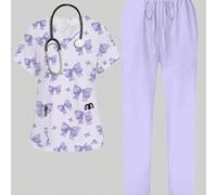 Set di uniforme da scrub da donna con scollo a V, maniche corte, tasca, orlo spaccato, stampa completa a fiocchi rosa, stile carino e minimalista femminile L,M,S,XL,XS,XXLGeometrico,GraficoTessuto int