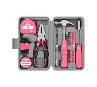 Set di utensili a mano, 24 pezzi, cassetta degli attrezzi, compatta e leggera, impugnatura ergonomica, colore rosa, molti strumenti come metro a nastro, tester di tensione e chiave esagonale, per casa