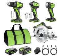 Set di utensili cordless GREENWORKS 24V, 4 pezzi - Avvitatore/trapano brushless e avvitatore a impatto, sega circolare da 6,5", lampada LED, batterie da 4,0 Ah + 2,0 Ah (power bank da 24.000 mAh)