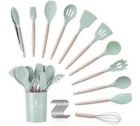 Set di utensili cucina, 12 pezzi, utensili da cucina con manico in silicone e legno, sani, antiaderenti, lavabili in lavastoviglie, design resistente al calore