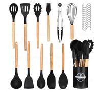 Set di utensili da cucina, 24 pezzi, antiaderenti, resistenti al calore, in silicone, spatola, utensili da cucina con manico in legno, 12 ganci a S, nero