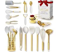 Set di utensili da cucina bianchi e dorati, 23 pezzi, include misurini e cucchiai, utensili in silicone e portautensili per cuocere, cucinare ed eleganti decorazioni da cucina